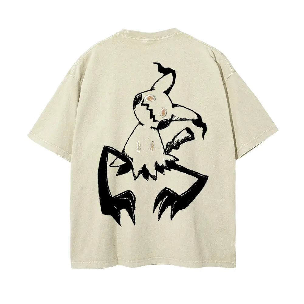 “Pocket Monsters" S~5XL Oversize Unisex Washed T-Shirt for Women and Men'S Unisex Fit Batik Cotton Oversize Streetwear Menswear Super Soft Pre-Shrunk