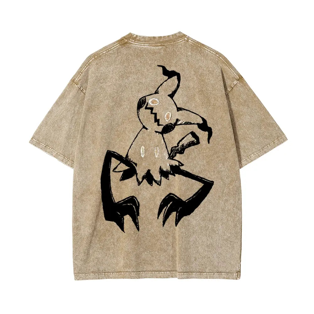 “Pocket Monsters" S~5XL Oversize Unisex Washed T-Shirt for Women and Men'S Unisex Fit Batik Cotton Oversize Streetwear Menswear Super Soft Pre-Shrunk